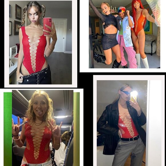 Rhinestone Bodysuit Tops Sparkle Fishnet Lingerie Sexy Outfit for Women Mesh Bod - Picture 4 of 7